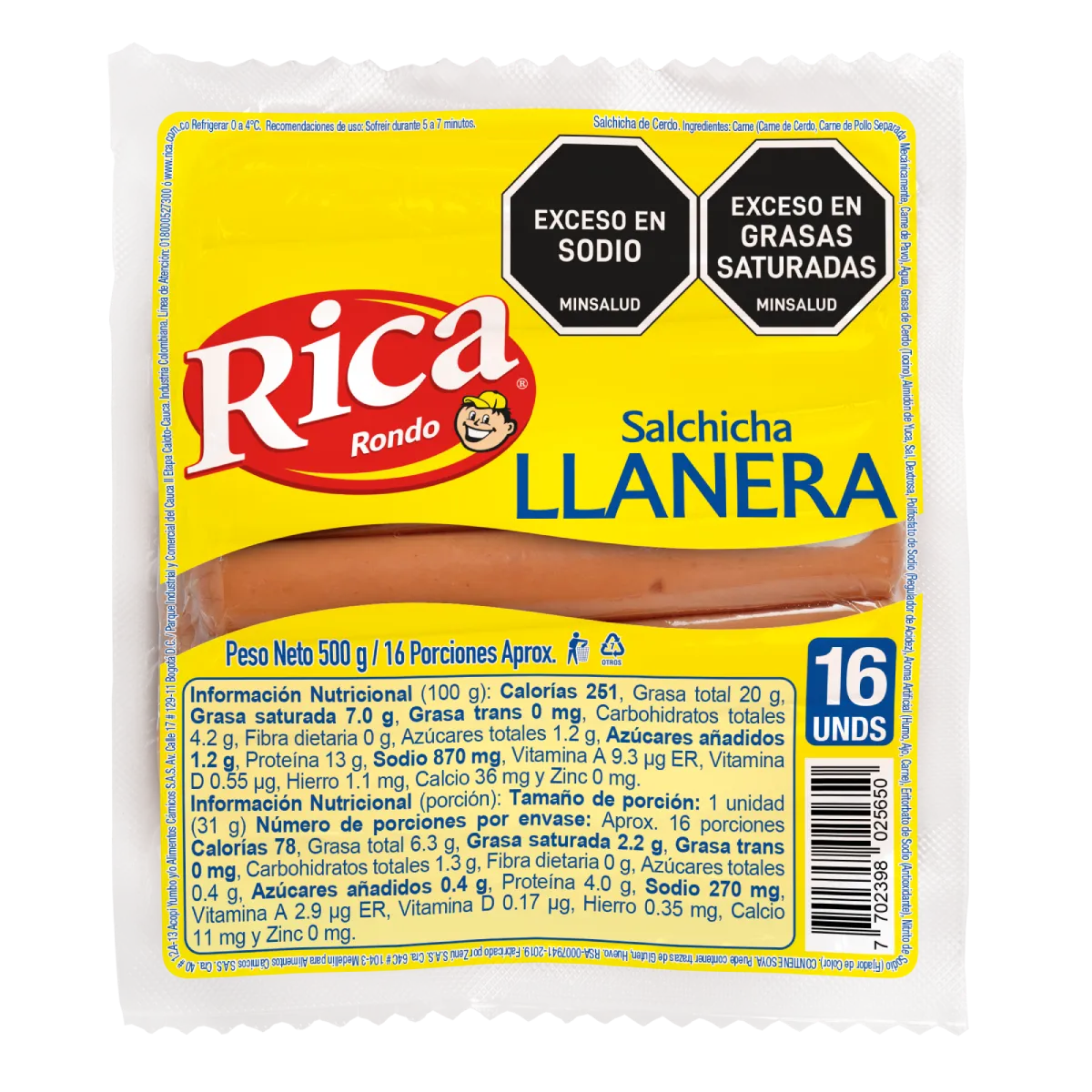 Salchicha Llanera Rica X 500 G X 16 Und