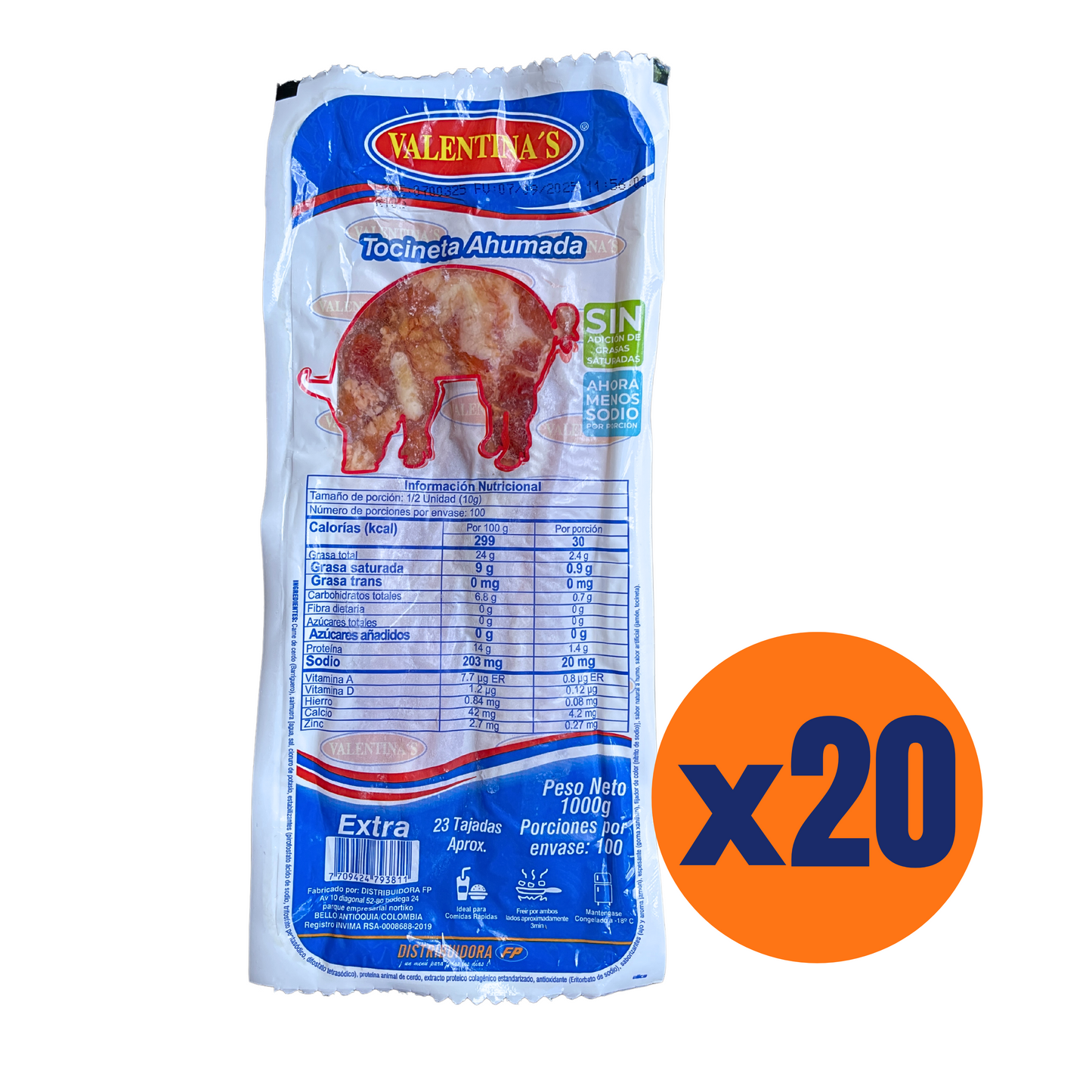 Tocineta ahumada extra valentinas 1000g x 20 paquetes