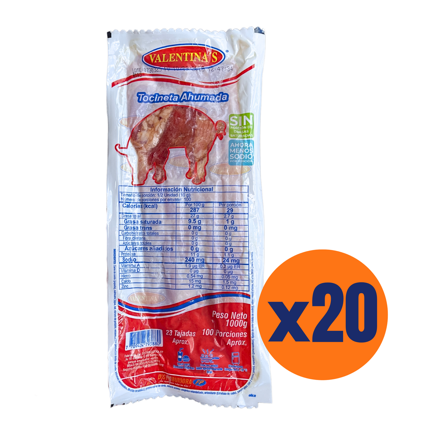 Tocineta ahumada económica Valentina's 1000g x 20 paquetes